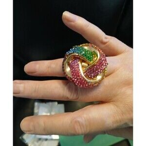 Large Gold Rhinestone Knot Ring Adjustable Pink Blue Green